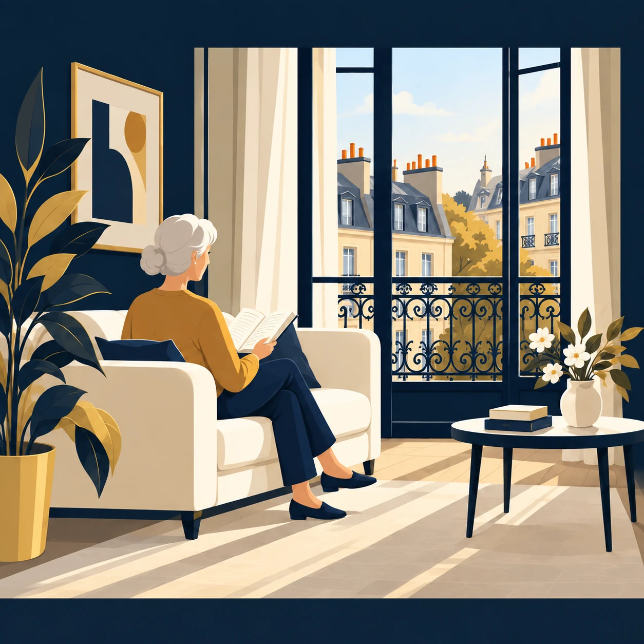 Illustration d’une personne retraitée lisant dans son appartement parisien.