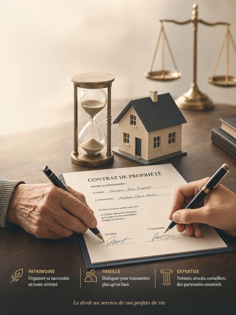 Signature d'un contrat de viager, acte authentique, balance de la justice et sablier